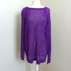 a.n.a. Size 2X Crochet Open Weave Long Sleeve Purple Pop Over Top
